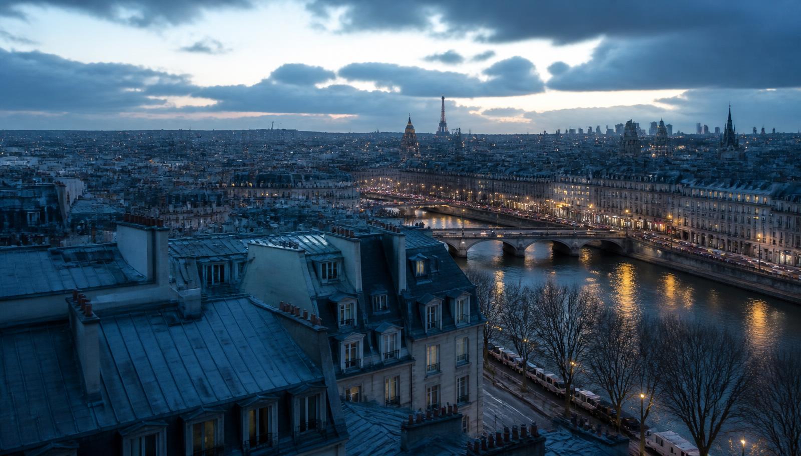 Vue sur les toits de Paris et la Seine à l'aube