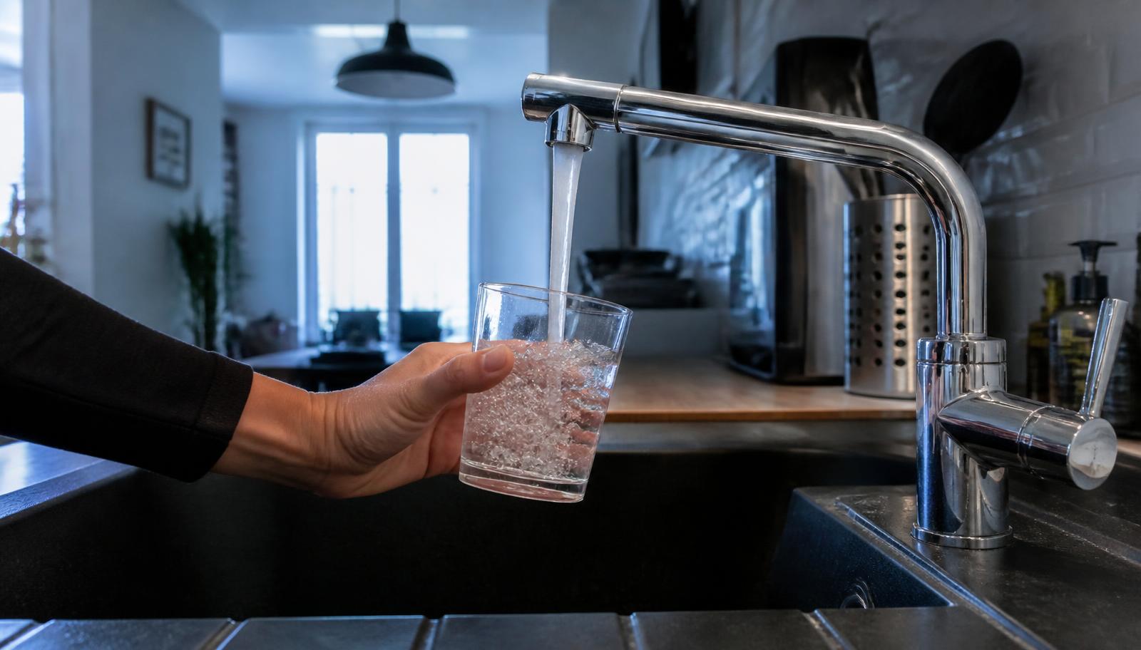 Verre d'eau rempli au robinet d'une cuisine